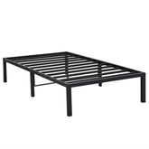 A black metal bed frame showcasing a minimalist design, perfect for contemporary bedroom decor.